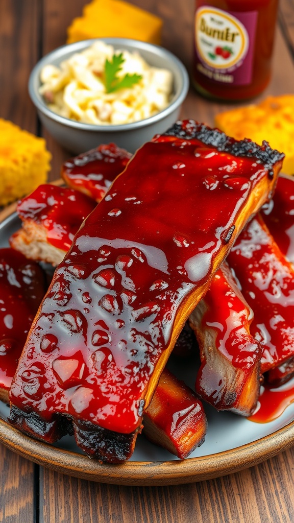 Delicious barbecue ribs with coleslaw and cornbread on a rustic table.